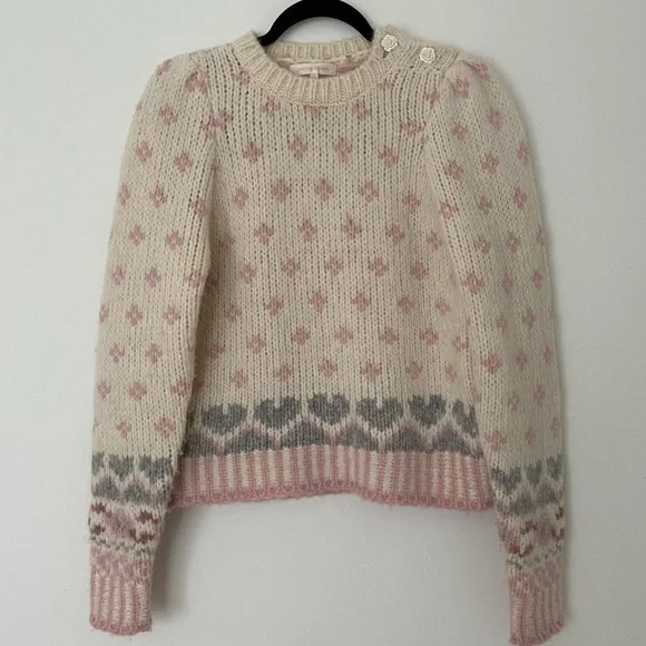 LoveShackFancy Rosie Pullover Sweater Alpaca Pink Cream Fair Isle Milky - Picture 3 of 12